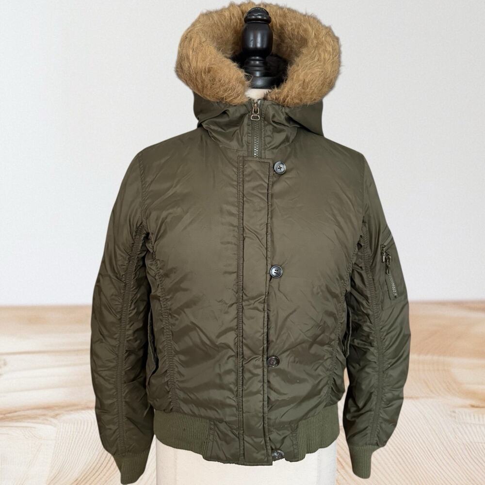 Steve Madden Down Bomber Jacket Sz S Womens Faux Fur Trimmed Hood Army Green FUN
